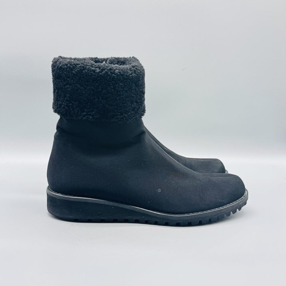 Stuart Weitzman Boots Womens 8 Black Ankle Shearling Cuff Side Zip Wedge Winter